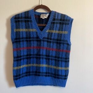 Retro Academia Wool Plaid Sweater Vest Vtg Lord & Taylor Blue Grandpa Eclectic